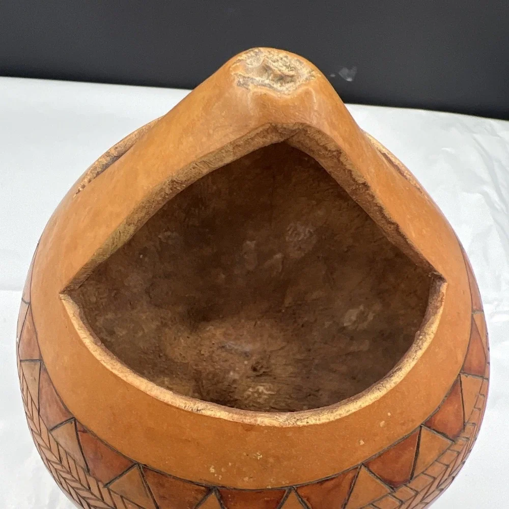 Ethel Owen Signed Handcrafted Gourd Basket Pyro Engraved Geometric Folk Art Vtg